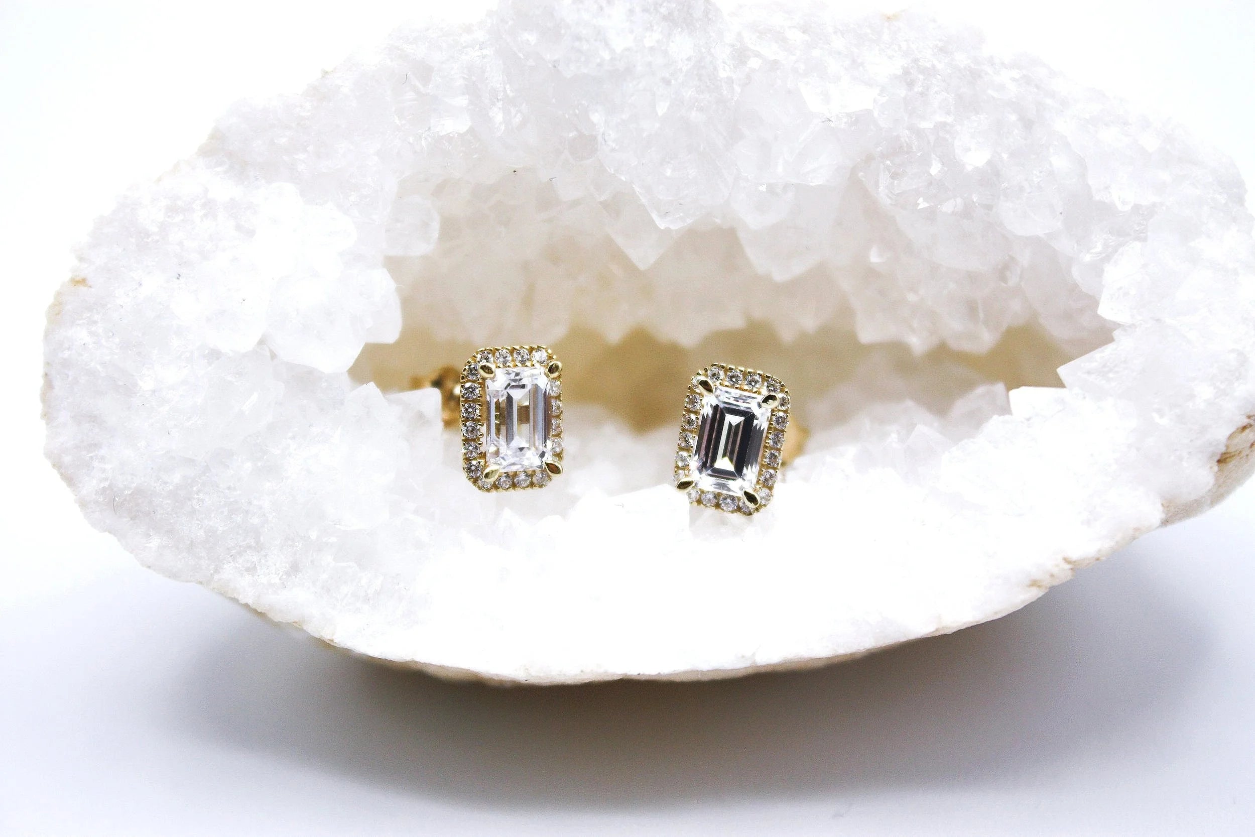 Emerald Cut Halo Earring Studs