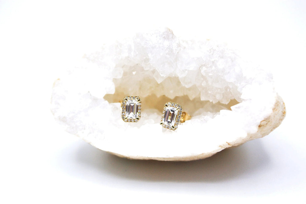 Emerald Cut Halo Earring Studs